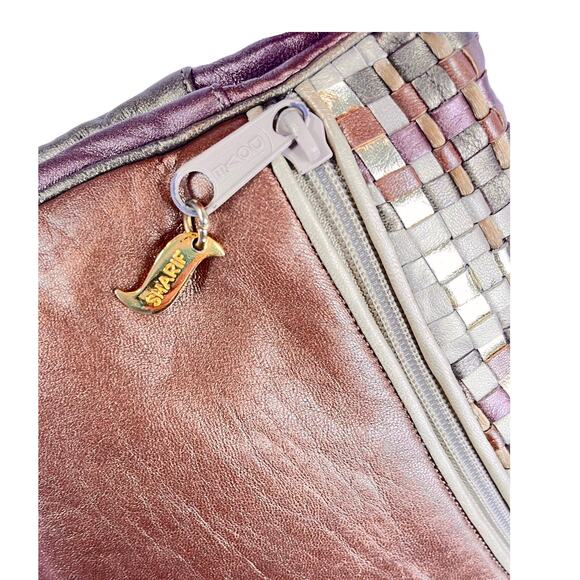 Sharif Metallic Gold Woven LEATHER HANDBAG Plaid Shoulder Crossbody Bag Tassel - Picture 10 of 13